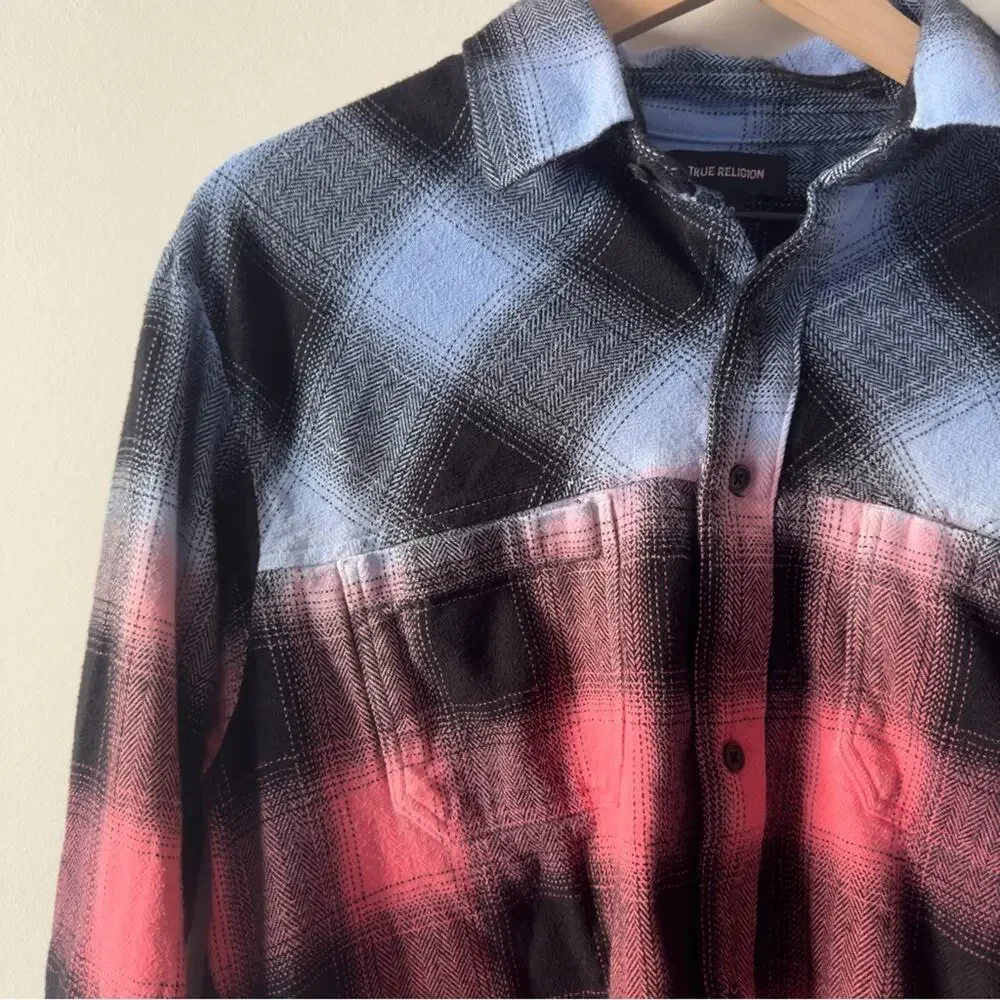 True Religion ombré flannel Plaid Button-down Shirt long sleeve collared pockets